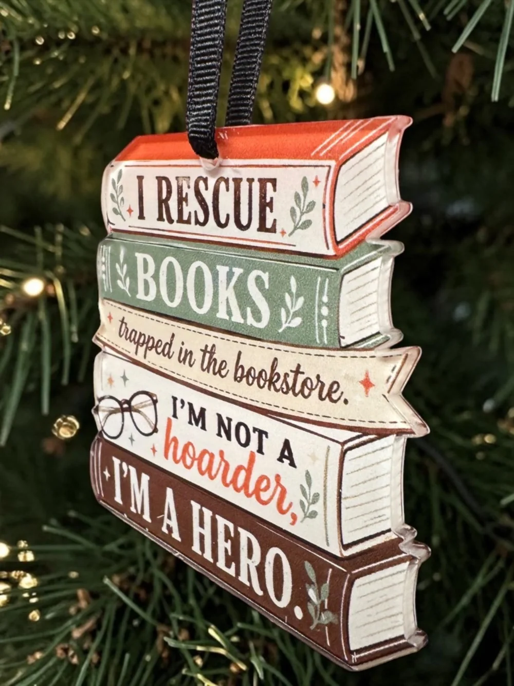 Book Lover Christmas Ornament Book Stack Bookish Reader Bibliophile Acrylic